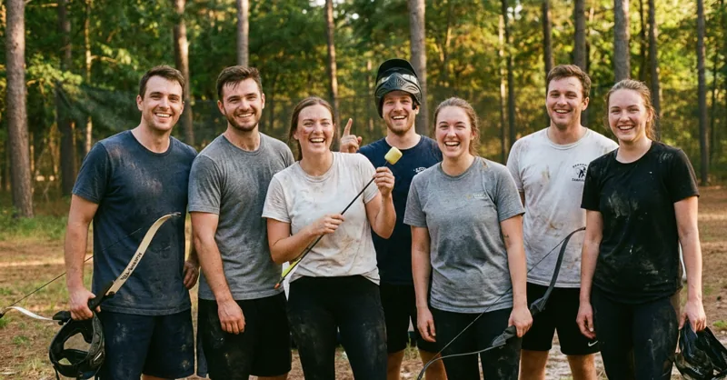 Joueurs d'Archery Tag à couvert sous les grands arbres du terrain forestier de Bierges