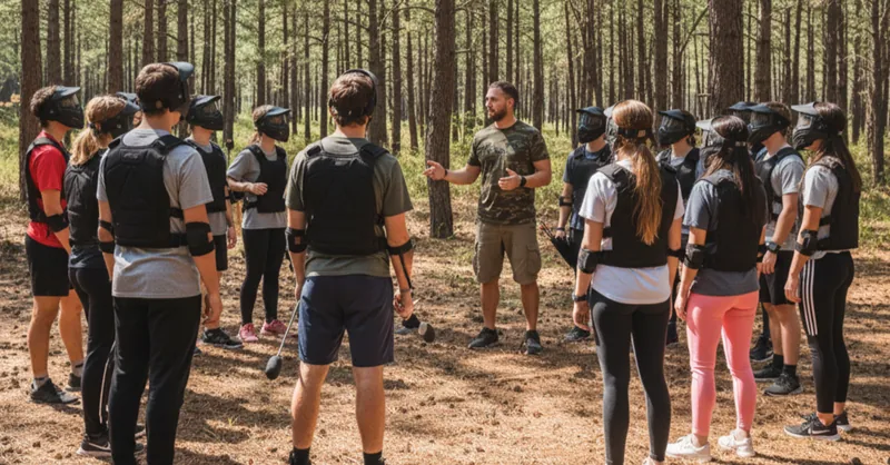 Joueur d'Archery Tag en masque intégral, arc en main, entre les arbres du terrain forestier de Bierges