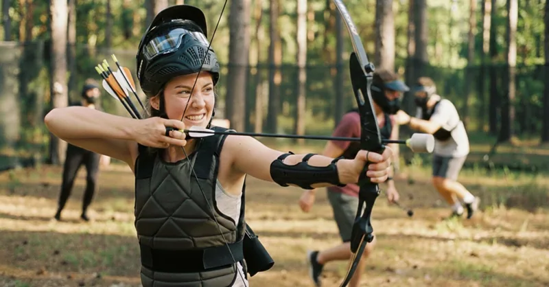 Joueuse en tenue de jeu bandant son arc, flèche à embout en caoutchouc encochée, pendant une partie d'Archery Tag en forêt