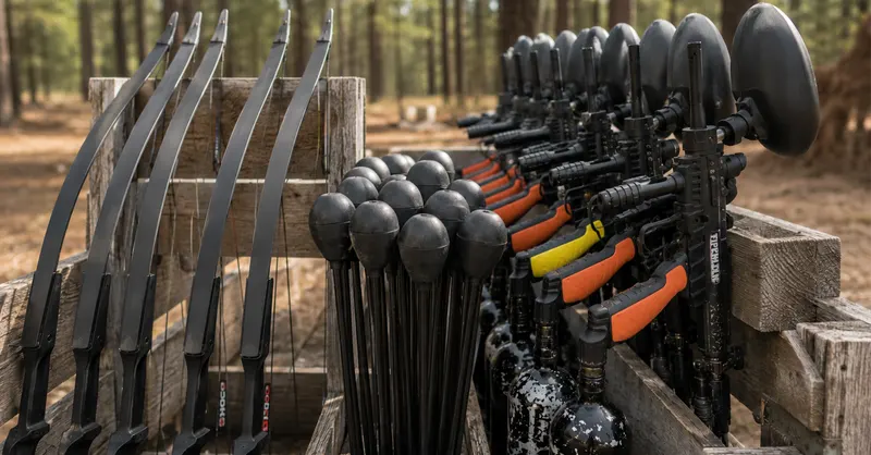 Arcs, flèches à embout en caoutchouc et équipements de paintball rangés côte à côte sur le terrain