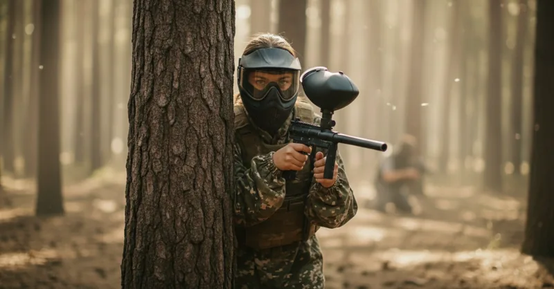 Joueurs de paintball en combinaison et masque intégral entre les arbres du terrain forestier de Bierges