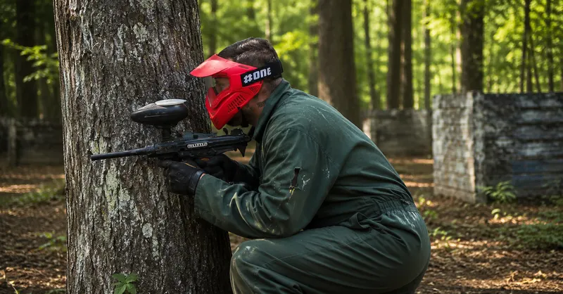 Joueur en combinaison et masque de protection à couvert derrière un arbre, équipement en main
