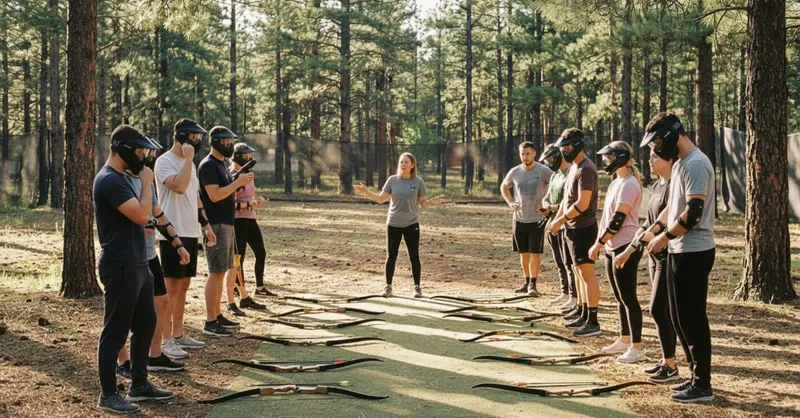 Groupe de collègues en cercle autour d'une animatrice pour le briefing d'un team building Archery Tag en forêt