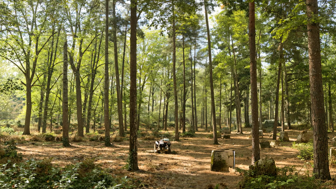 Le même terrain en été, feuillage dense et lumière filtrant entre les arbres