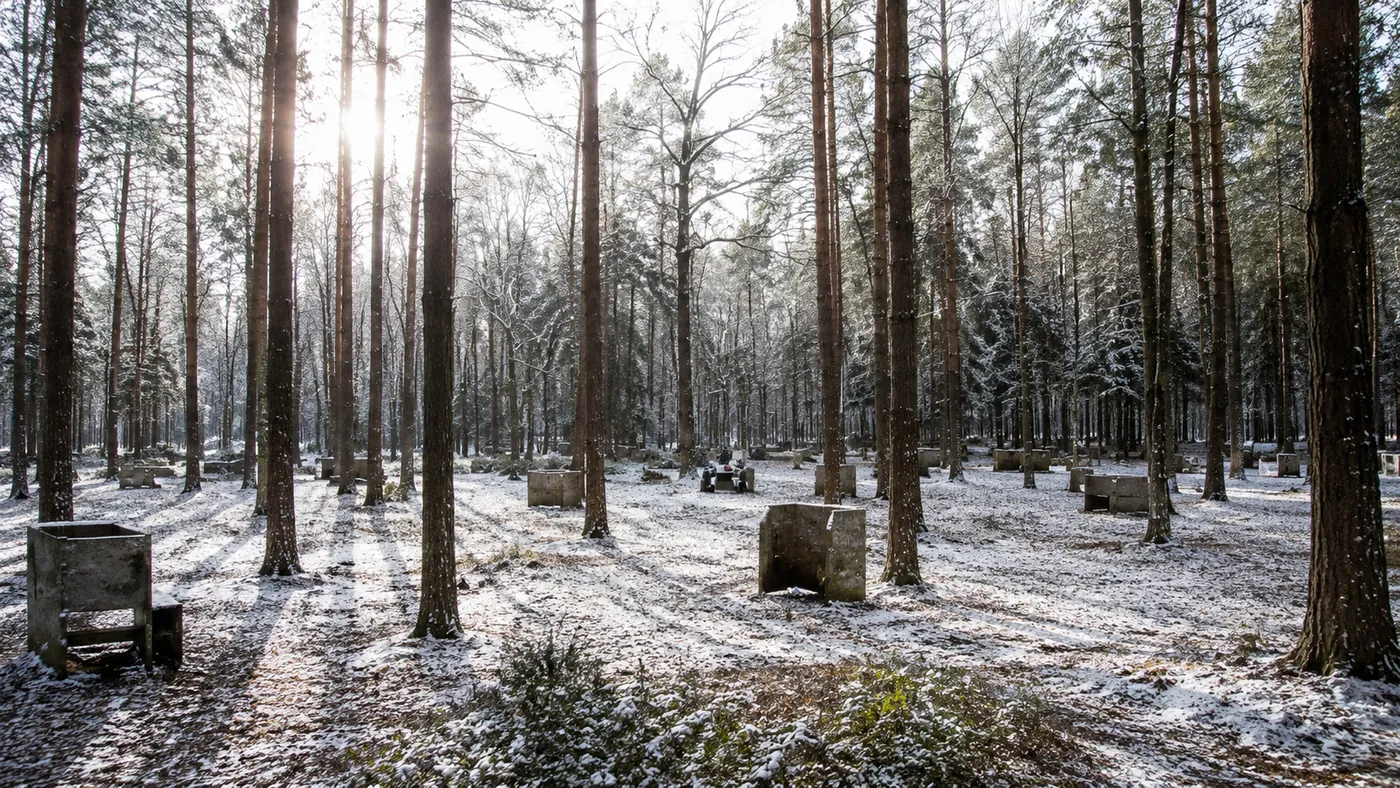 Le terrain sous la neige en plein hiver, soleil rasant entre les troncs